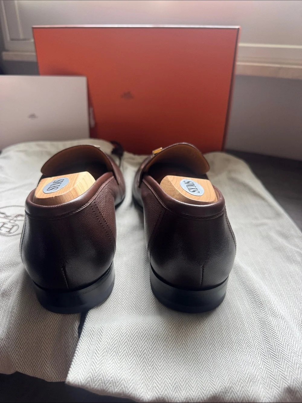 Hermes Brown Leather Loafers with Gold H Buckle